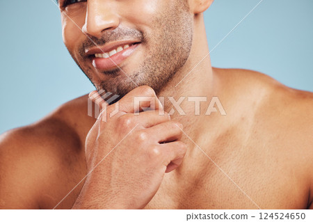 Man, beard and facial skincare beauty treatment for healthy organic self care routine, hair growth and clean shaving wellness. Face with smile, cosmetic skin care routine and a natural morning shave 124524650