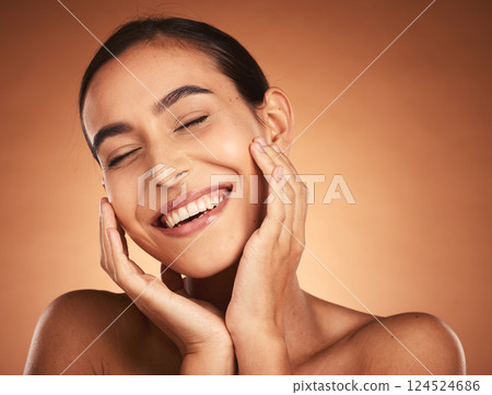 Smile, skincare and woman face for cosmetics, natural beauty and body care for wellness, health and brown studio background. Makeup, young female and girl with organic facial, happiness and healthy. 124524686