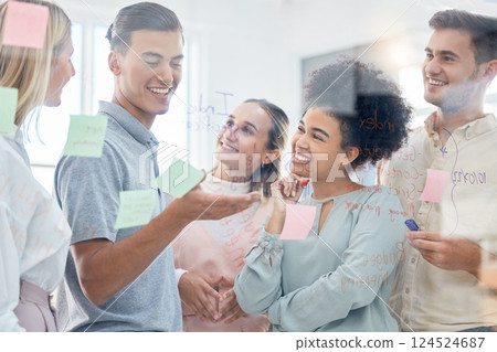 Sticky note, strategy and teamwork of business people in office on moodboard, storyboard or glass wall. Working, innovation and ideas of staff, group and leader planning together on vision board. 124524687