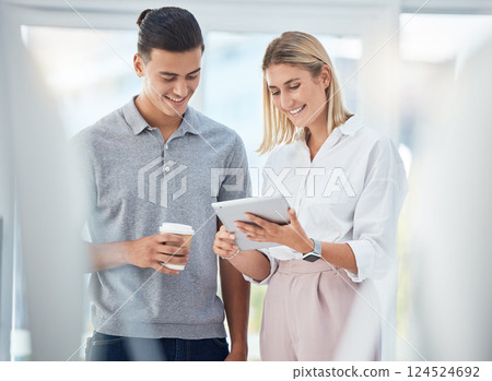 Tablet, collaboration and talk in innovation business meeting with business people. Coffee, tech or happy man and woman planning, support or online strategy discussion in office for marketing project 124524692