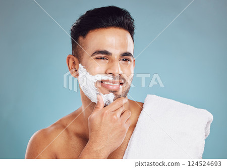 Man, shaving cream and healthy facial skincare grooming morning routine. Happy Indian person, cosmetic beard wellness cleaning treatment and body care hygiene for beauty cleansing lifestyle in studio 124524693