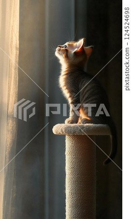 A cat looking out from a cat tower A cat looking out from a cat tower 124524698