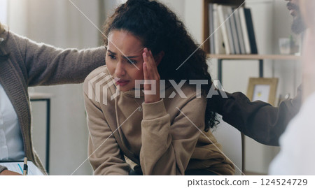 Woman, mental health pain and group therapy counseling with a psychiatrist help support, heal and console person for mind wellness. Therapist, psychologist and talking stress, anxiety and depression Woman, mental health pain and group therapy counseling with a psychiatrist help support, heal and console person for mind wellness. Therapist, psychologist and talking stress, anxiety and depression 124524729