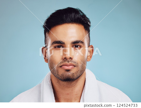 Skincare, beauty and face portrait of man with bathroom robe after shower, healthcare or facial hygiene cleaning. Health, luxury wellness treatment or fresh aesthetic man with self care routine Skincare, beauty and face portrait of man with bathroom robe after shower, healthcare or facial hygiene cleaning. Health, luxury wellness treatment or fresh aesthetic man with self care routine 124524733