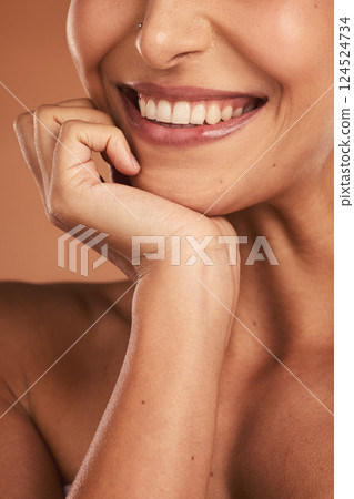 Closeup woman teeth, dental happiness with healthy shine on skin and wellness with studio background. Dental care model, woman mouth happy for beauty smile and natural oral health in cosmetics zoom 124524734