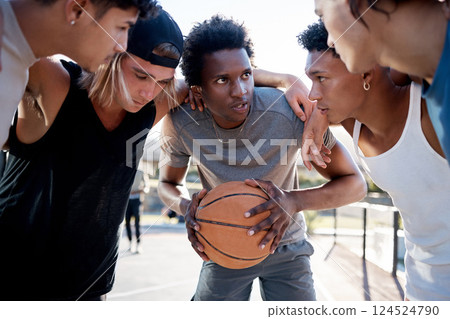 Basketball, team and huddle on basketball court in trust circle for motivation, planning and game strategy. Fitness, friends and basketball players share sport goal, mission and support while talking Basketball, team and huddle on basketball court in trust circle for motivation, planning and game strategy. Fitness, friends and basketball players share sport goal, mission and support while talking 124524790