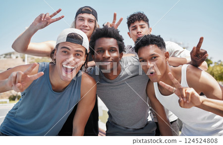 Sports, peace and friends smile for selfie after exercise, training or cardio in park together, happy and relax. Portrait, hands and face of men pose for picture with peaceful sign, diversity and joy Sports, peace and friends smile for selfie after exercise, training or cardio in park together, happy and relax. Portrait, hands and face of men pose for picture with peaceful sign, diversity and joy 124524808
