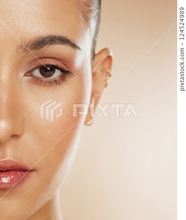 Beauty, skincare and natural makeup on face of woman for health, dermatology and cosmetics inspiration for self care, skin care and wellness. Portrait of female model with glow from spa facial 124524989