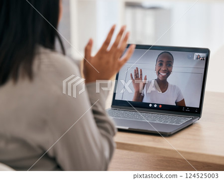 Women, video call wave and laptop with friends talking and being social online. Female, friendship and video conference or webinar for bonding and talking online for voip communication at home 124525003