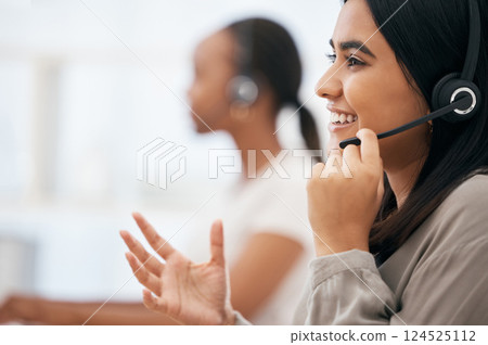 Call center, smile and consultant talking, consulting and working in crm communication at telemarketing company. Support, happy and face of young customer service worker giving help to people online Call center, smile and consultant talking, consulting and working in crm communication at telemarketing company. Support, happy and face of young customer service worker giving help to people online 124525112