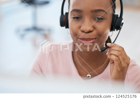 Black woman, call center and smile for consulting customer service or telemarketing at the office. Happy African American female employee consultant smiling with headset for online desktop support 124525176
