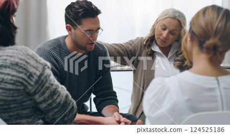 Man, counseling support and group therapy discussion of mental health, mind healing and wellness. Therapist, psychology counselor and psychiatrist help people with anxiety, work stress and depression 124525186