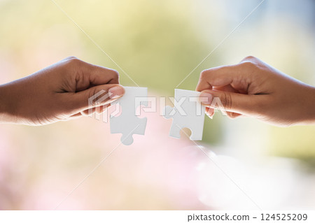 Puzzle, hands and businesspeople connected for company merger and support. Partner, collaborate and problem solving for synergy and successful business vision. Unity, connect and puzzle pieces Puzzle, hands and businesspeople connected for company merger and support. Partner, collaborate and problem solving for synergy and successful business vision. Unity, connect and puzzle pieces 124525209