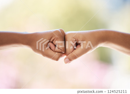 Fist bump, support and business people meeting for a goal, partnership and collaboration in office at work. Contract, teamwork and employees with trust, motivation and success at a corporate company 124525211