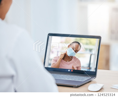 Doctor, laptop and video call with patient, neck pain and covid mask in online consultation in office. Healthcare professional with internet communication with woman patient, injury or medical advice Doctor, laptop and video call with patient, neck pain and covid mask in online consultation in office. Healthcare professional with internet communication with woman patient, injury or medical advice 124525314