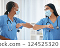 covid, medical and elbow greeting with doctors for teamwork, happy and support. Medicine, healthcare and virus with nurse in hospital for pandemic, prevention and surgery safety together in clinic 124525320