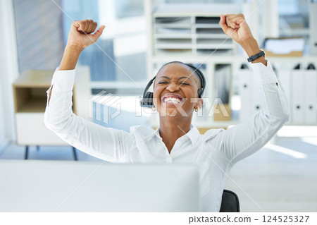 Success, call center or sales consultant black woman for happy telemarketing, winner or b2b company motivation in office. IT support, contract or CRM communication for WOW, goal achievement or target Success, call center or sales consultant black woman for happy telemarketing, winner or b2b company motivation in office. IT support, contract or CRM communication for WOW, goal achievement or target 124525327
