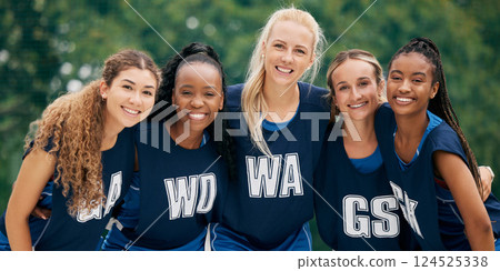 Sports, teamwork and netball with portrait of women for. training, health and friends. Summer workout and fitness with happy netball player in outdoor playing for games, support and goals together 124525338