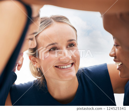 Teamwork, collaboration and sports women in huddle for motivation, team building or winning mindset outdoors. Netball, crowd and happy female players together for competition, game or match success. Teamwork, collaboration and sports women in huddle for motivation, team building or winning mindset outdoors. Netball, crowd and happy female players together for competition, game or match success. 124525341