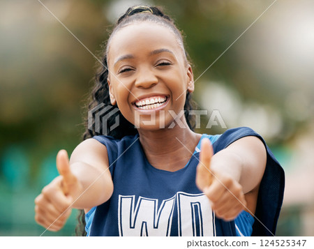 Thumbs up, black woman and netball success, winner and summer sports motivation outdoor in Brazil. Portrait happy young athlete celebrate excited goals, achievement or support, agreement or yes emoji Thumbs up, black woman and netball success, winner and summer sports motivation outdoor in Brazil. Portrait happy young athlete celebrate excited goals, achievement or support, agreement or yes emoji 124525347