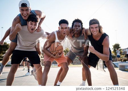 Basketball, team and friends in fun sports fitness, workout or exercise together on the court in the outdoors. Portrait of happy athletic sport players ready for match, game or training in teamwork Basketball, team and friends in fun sports fitness, workout or exercise together on the court in the outdoors. Portrait of happy athletic sport players ready for match, game or training in teamwork 124525348