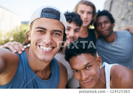 Friends, fitness and selfie with men after exercise in a city, happy and relax while bonding in nature. Face, portrait and diversity by man group laughing, having fun and photo after training outdoor 124525363