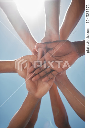 Hands, support and diversity with team, solidarity and together for collaboration and team building. Teamwork motivation, mission success and community with connection and trust in partnership. 124525371