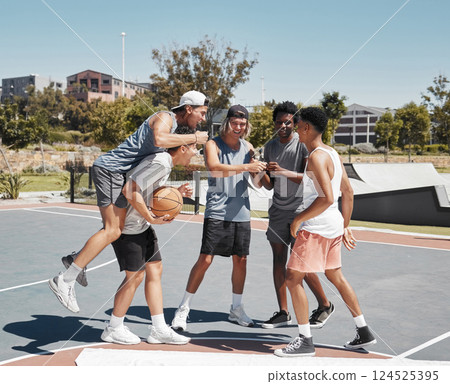 Sports, teamwork and friends with basketball man on court for winner, support and energy. Summer, fitness and exercise with basketball player training and achievement for games, health and workout 124525395