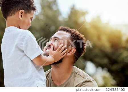Dad, boy touch face in outdoor park or backyard for summer bonding, happiness together and sunshine. Father son, happy black man in nature for love smile and quality time with child 124525402