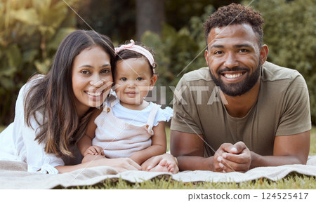 Black family, parents and baby on a park picnic blanket in nature with a happy smile together, Portrait of a mother, father and girl child with happiness and love spending time together in summer Black family, parents and baby on a park picnic blanket in nature with a happy smile together, Portrait of a mother, father and girl child with happiness and love spending time together in summer 124525417