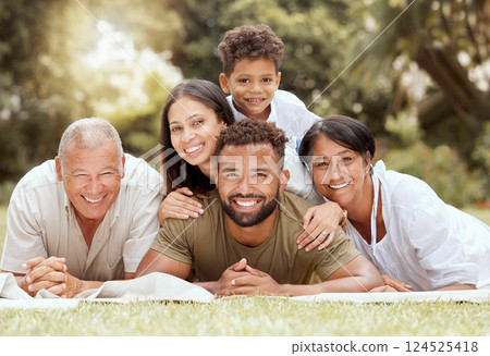 Black family, happy lying portrait on lawn blanket and summer sunshine in garden together on grass. Mom dad, child grandparents and outdoor happiness, relax on holiday vacation and love bonding time Black family, happy lying portrait on lawn blanket and summer sunshine in garden together on grass. Mom dad, child grandparents and outdoor happiness, relax on holiday vacation and love bonding time 124525418