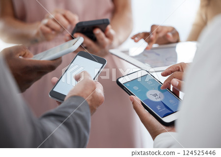 Hands, phone and collaboration in networking, marketing or communication together with technology at office. Group hand of business people working in social media with mobile devices at the workplace Hands, phone and collaboration in networking, marketing or communication together with technology at office. Group hand of business people working in social media with mobile devices at the workplace 124525446