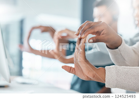Call center, contact us and team stretching hands and ready to start networking, talking and helping clients with advice. Communication, consultants and agents training fingers in a warm up exercise 124525493