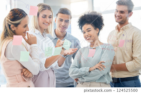 Team, sticky notes and brainstorming for business ideas, strategy for growth and collaboration in office. Diversity, teamwork and creative meeting to analyze marketing, write plan to share with group Team, sticky notes and brainstorming for business ideas, strategy for growth and collaboration in office. Diversity, teamwork and creative meeting to analyze marketing, write plan to share with group 124525500