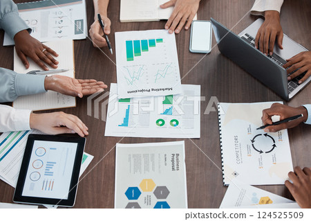 Digital marketing, business meeting and people hands with finance analysis, analytics report review and project management. Teamwork, collaboration and planning staff on multimedia charts and graphs 124525509
