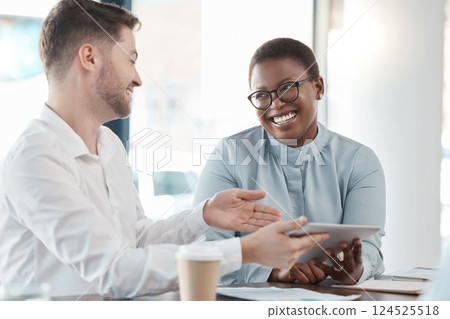 Laughing black woman, businessman and tablet in teamwork collaboration, digital marketing meeting or strategy planning. Smile, happy or excited creative people on technology for office budget success 124525518