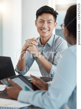 Collaboration, business people or tablet planning in meeting for marketing KPI strategy for startup company. Team building, consulting or workshop training with corporate leader, mentor or manager 124525519