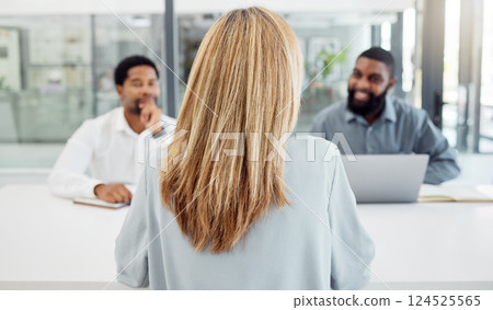Recruitment, meeting and woman in a job interview with human resources or hr management team in an office. Hiring, managers or business people talking, speaking and searching for a new employee 124525565