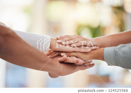 Hands, teamwork and support with a business group together in a huddle or circle in solidarity outdoor. Meeting, partnership and motivation with an employee group standing or working in collaboration 124525568