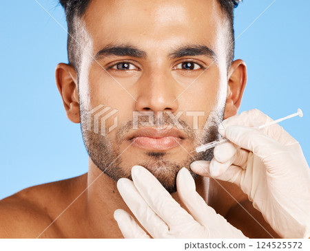 Man, botox and cosmetic facial care anti-aging wrinkles treatment. Healthcare nurse hands, face skincare beauty aesthetic plastic surgery and medical dermatology wellness in blue background studio 124525572