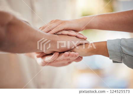 Hands, teamwork and employee collaboration together in office workplace. Entrepreneur startup motivation, strategy success support and team building faith or solidarity celebrate business partnership 124525573