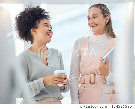 Business women, friends and employees laughing for funny conversation, motivation and happiness on coffee break in modern office. Happy, diversity and comic staff smile, comedy and talking in agency 124525589