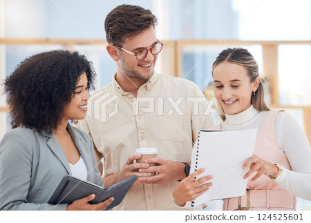 Teamwork, collaboration and marketing team talking about kpi report document with pride for growth, development and achievement. Diversity of women and man happy about startup success on project 124525601