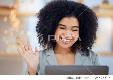 Wave, video call and communication with a black woman in business networking on a laptop in her office at work. Computer, internet and video conference with a female employee in a remote meeting Wave, video call and communication with a black woman in business networking on a laptop in her office at work. Computer, internet and video conference with a female employee in a remote meeting 124525607