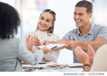 Promotion, meeting and congratulations applause for woman, marketing expert or advertising employee. Clapping support, success achievement and designer girl being promoted to team leader or manager Promotion, meeting and congratulations applause for woman, marketing expert or advertising employee. Clapping support, success achievement and designer girl being promoted to team leader or manager 124525608