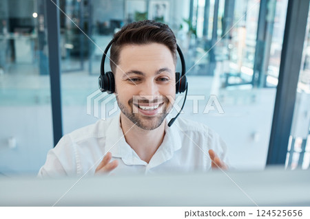 Customer support, CRM or call center man employee with smile for success customer service, help or support in office. Sales advisor, networking or consultant for contact us or insurance telemarketing 124525656