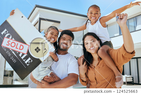 Real estate, house and portrait of family with sale poster and happy with home, mortgage and property investment. Smile, success and achievement with parents and children for luxury, growth or future 124525663