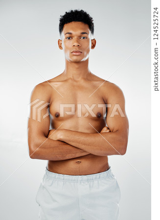 Fitness, sports and portrait of shirtless man with body positive mindset, motivation for healthy lifestyle in Brazil. Exercise, gym and health workout, young mma fighter in studio on white background Fitness, sports and portrait of shirtless man with body positive mindset, motivation for healthy lifestyle in Brazil. Exercise, gym and health workout, young mma fighter in studio on white background 124525724
