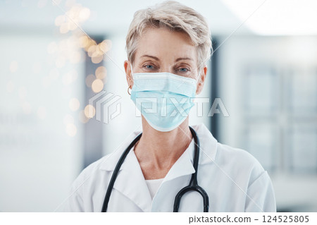 Covid hospital, woman doctor and portrait of mature, professional and medical cardiology surgeon in wellness clinic. Female healthcare worker, face mask safety and corona virus consulting in surgery 124525805