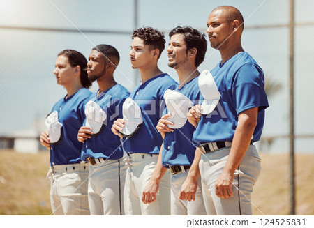 Sports, baseball anthem and athlete team ready for start of game or club competition on local baseball field. Solidarity, respect and softball player singing, prepare for fitness training or workout 124525831